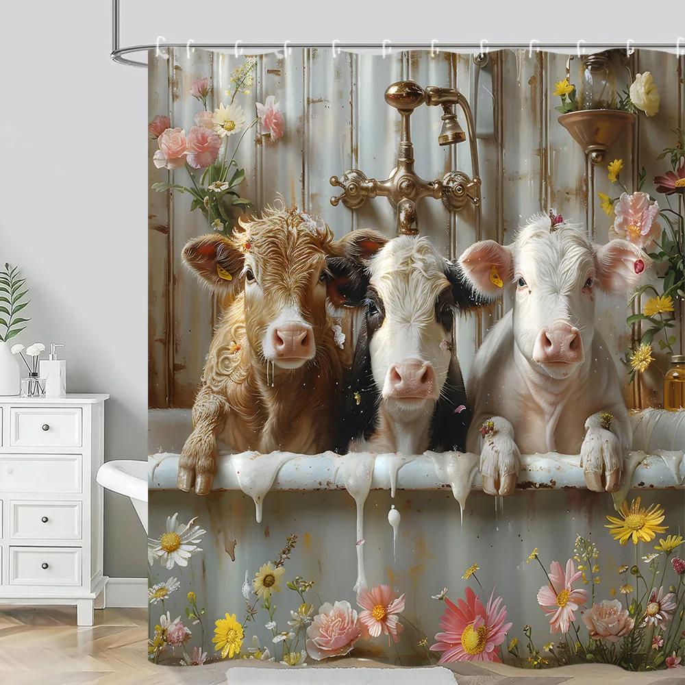 Farm Animals Shower Curtain Funny Pig Sheep Donkey Shower Cartoon Rustic Barn Polyester Fabric Bathroom Decor Curtain Washable