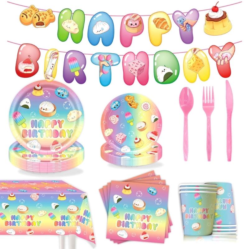 Birthday Party Supplies with Cartoon Food Characters and Happy Birthday Art for Table Arrangements and Hanging Displays