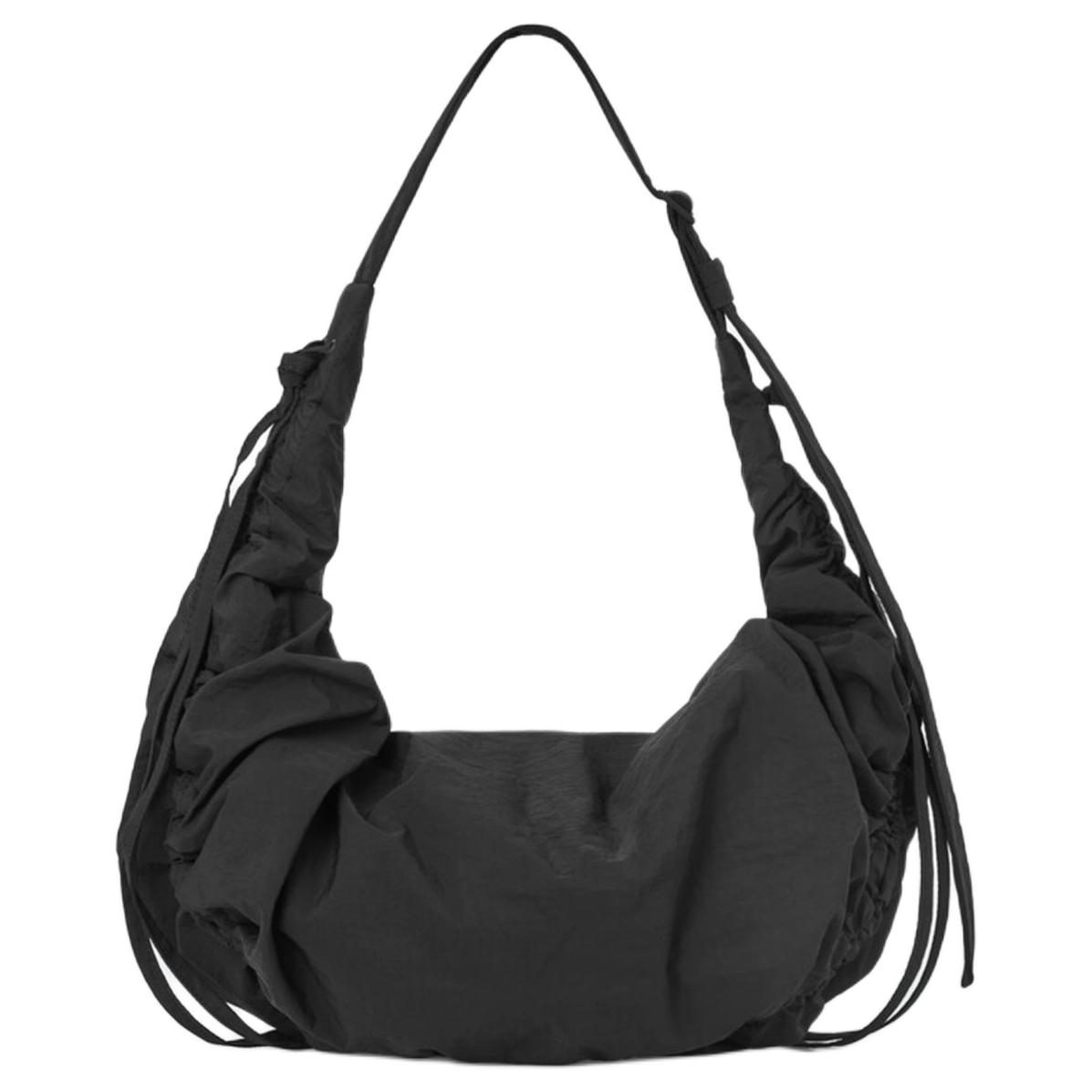 COS Pleated Strap Design Zipper Closure Nylon Blend Cotton Slouch Bag Crescent Handheld Shoulder Mini Women bags Black 1243155001 Black,Mini