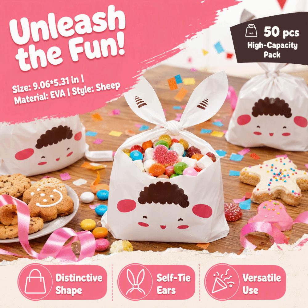 50PCS Long Ear Treat Bags Bunny Sheep Mouse Print Snack Packaging Bag Easter Party Favor