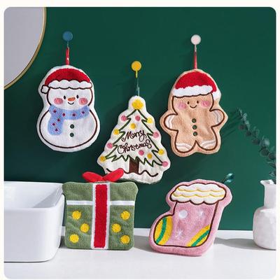 Banyo ve Mutfak İçin Noel Şekilli Asılabilir Kalınlaştırılmış Mercan Polar El Havlusu