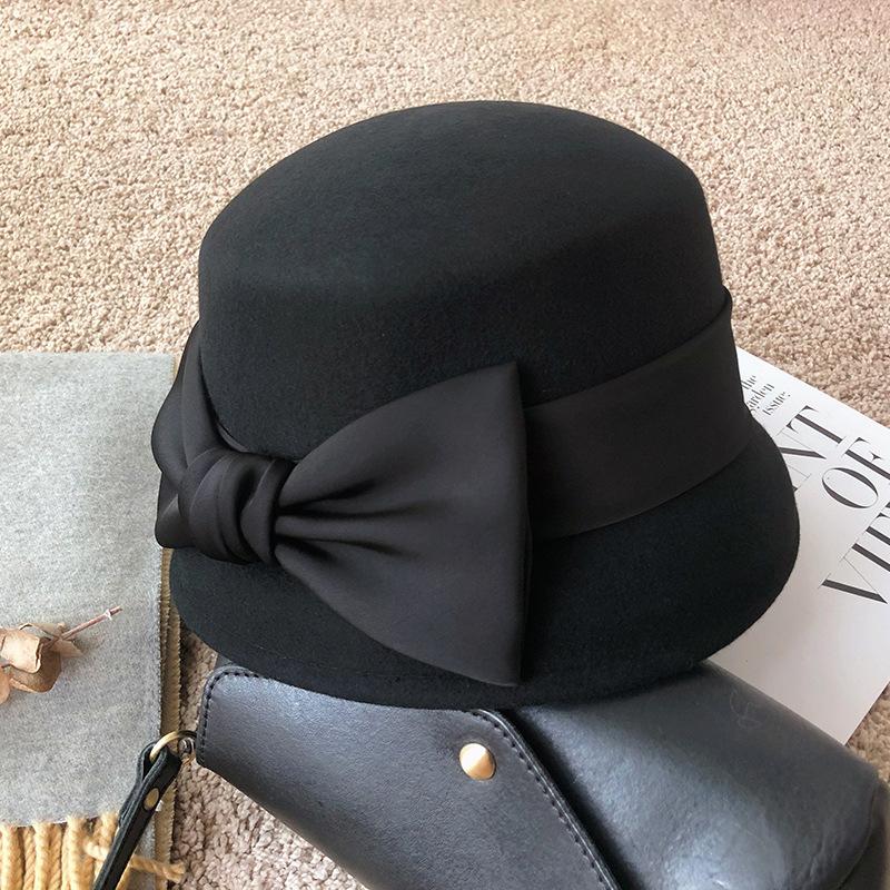 Autumn and Winter New Elegant Hepburn Bow French Top Hat Retro Woolen Hat Women's Retro Dome Woolen Hat