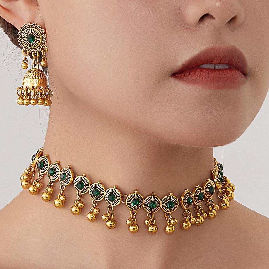 Bohemian Exotic Rhinestone Tassel Necklace & Earrings Set In Antiqued Alloy