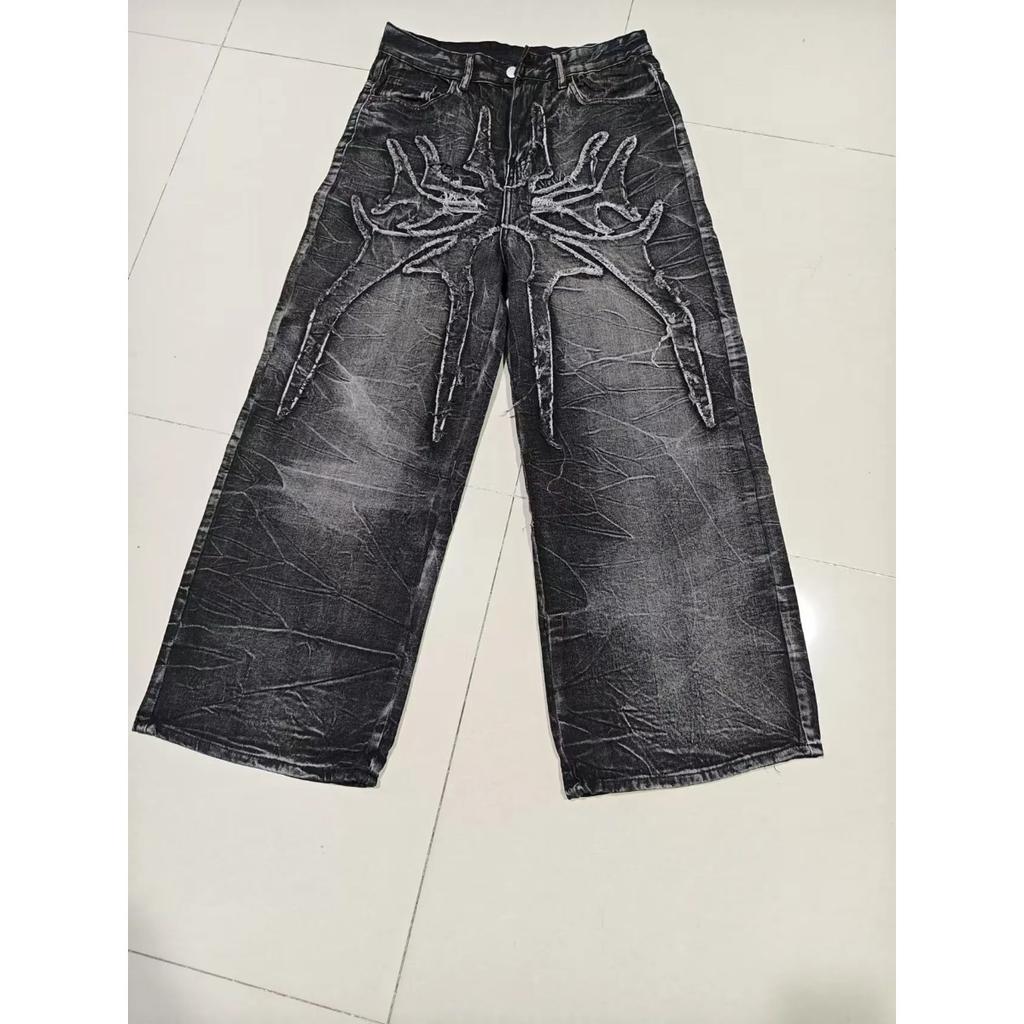 STREETRICH Gothic Retro Oversized Baggy Fit Unisex Mopping Pants Y2K Phantom Jeans High Street Spider Embroidered Patch Hip Hop Streetwear