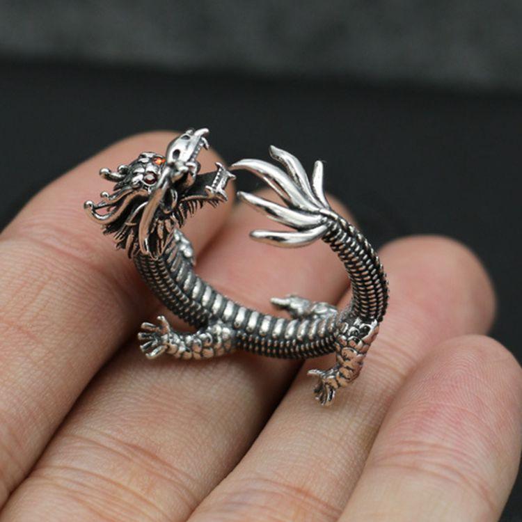 1Pc Retro Thai Silver Ring Male Qinglong Faucet Ring Domineering Personality Chinese Style Jewelry Wenwan Chinese Dragon