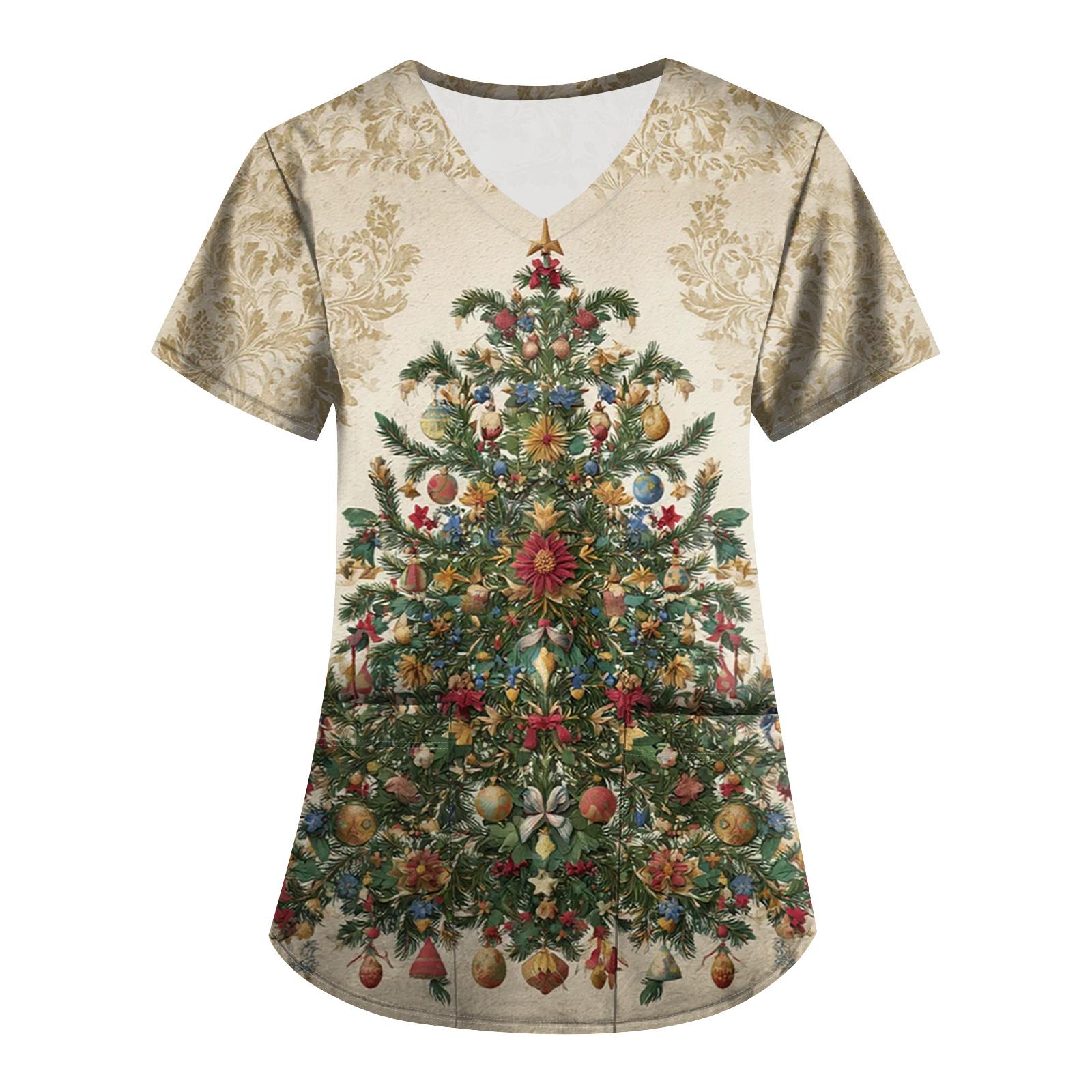 

Большой размер Принтованный скраб Рабочая униформа Топы для женских V-образный вырез с запахом Принт Короткий рукав Веселые футболки Рабочая одежда Футболка с карманами XXXXXL