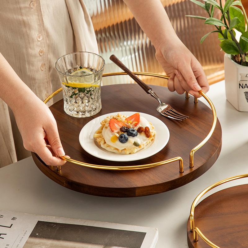 BEPAN Metal Acacia Wood Circular Storage Plate Solid Wood Desktop Dessert Plate Fruit Tea Tray Cup Holder