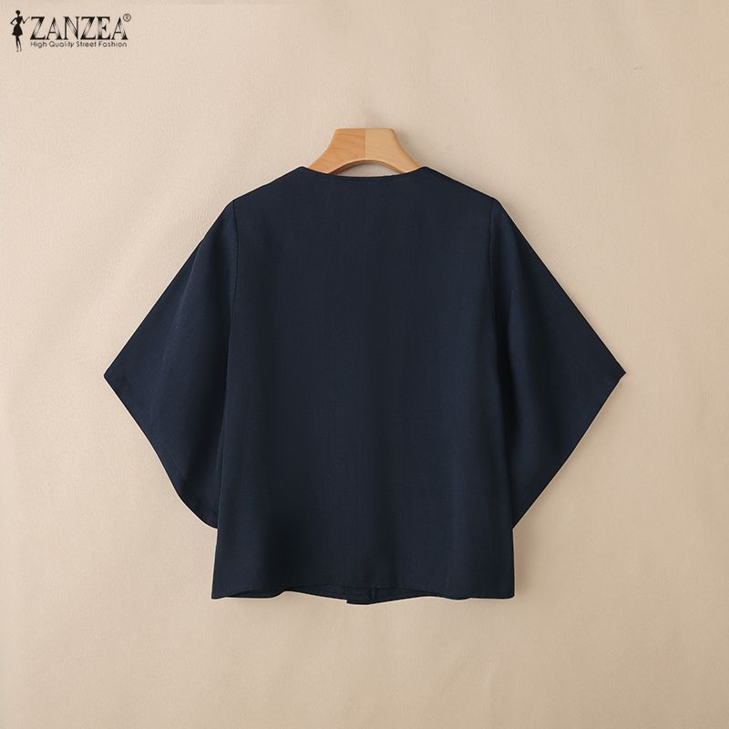 ZANZEA Women Casual Round Neck Half Sleeve Loose Cardigan Blouse