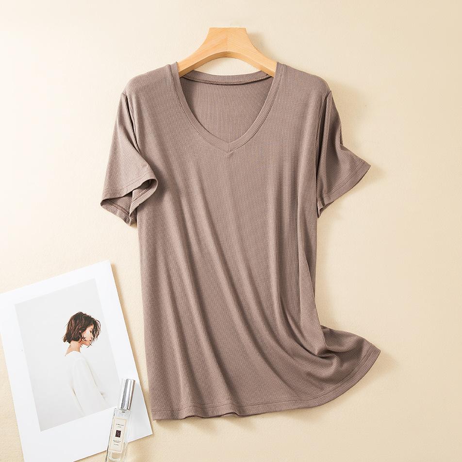 

Хлопковая футболка в рубчик с v-образным вырезом, летние женские повседневные футболки с короткими рукавами, свободные футболки, однотонные базовые футболки 2XL
