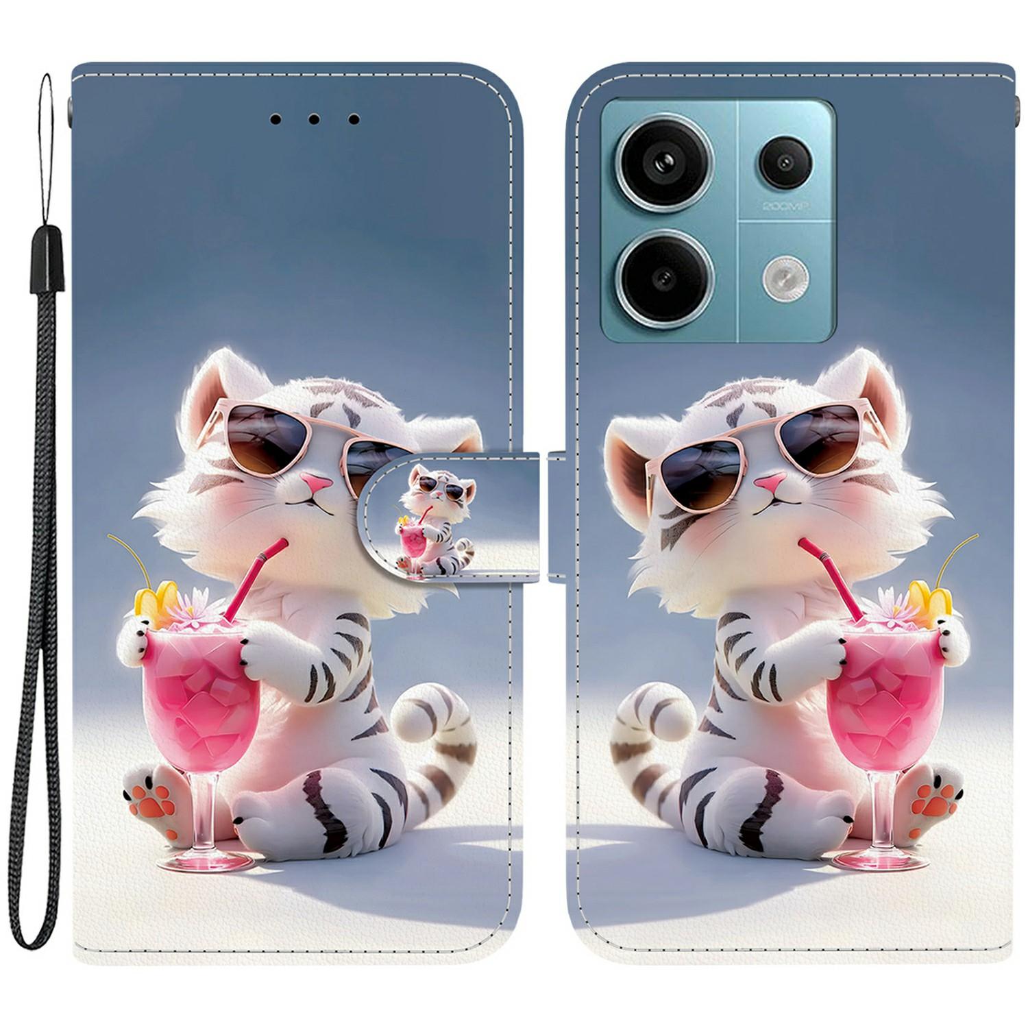 

Чехол для Xiaomi Redmi Note 13 Pro 5G/Poco X6 5G с рисунком, противоударный кожаный чехол-книжка с кошельком, чехол для телефона со шнурком Cartoon Tiger