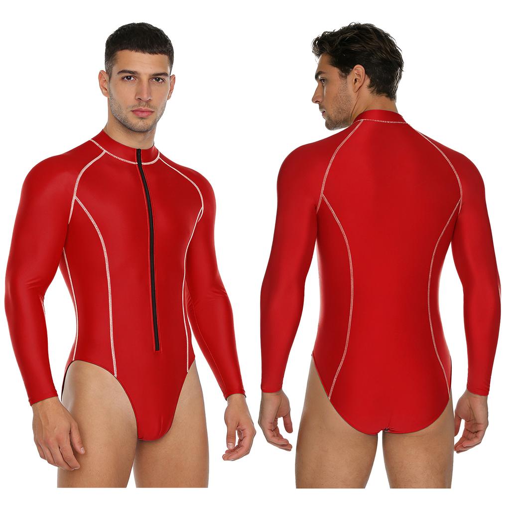 #M-4XL Mens Glossy Bodysuit Mock Neck Long Sleeve Front Zipper Leotard Jumpsuit Rash Guard for Beach Surfing Swimming Workout