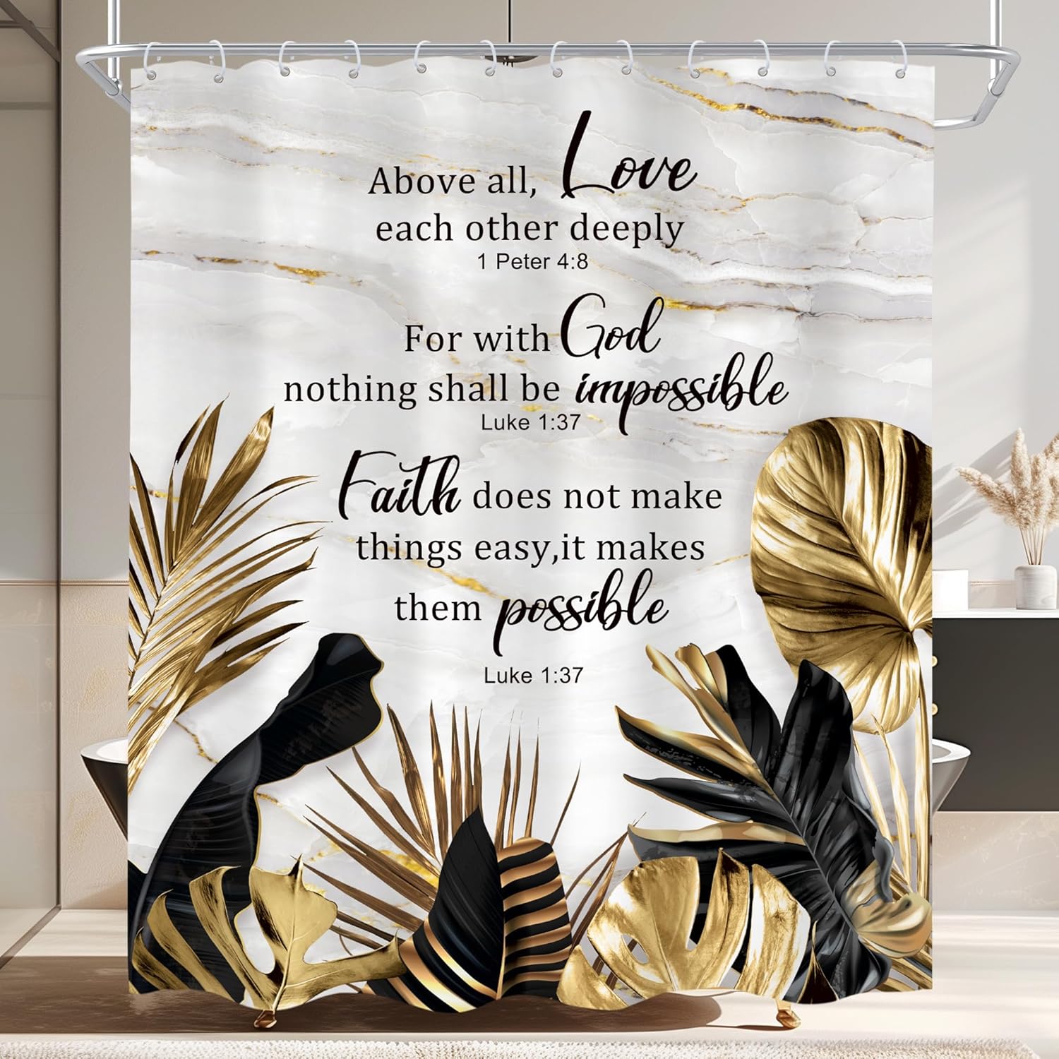 

Emerald Green Boho Shower Curtain Black Gold Modern Abstract Palm Leaves Tropical Monstera Bathroom Curtain Set Brown Botanical W60H190(CM)-1 Pcs