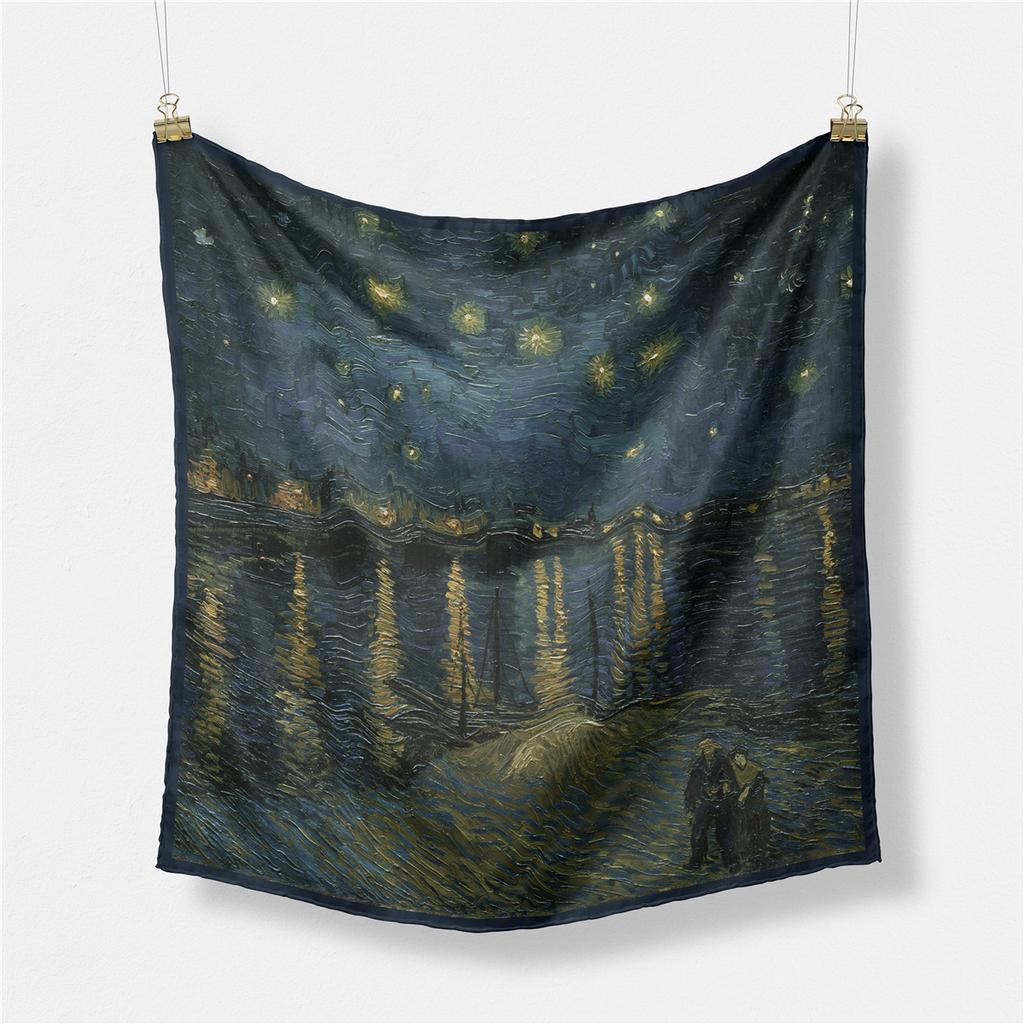 Famous Oil Painting Twill 100% Silk Scarf 53cm Square Scarves Fashion Hijab Women Scarf Wraps Head Scarf Neckerchief Bandana