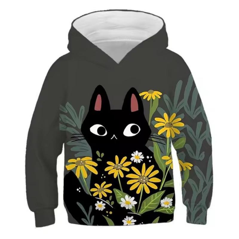 Hoodies Cute Kitten Flowers Print Girls Sweatshirt Stretch Comfortable Fit Long Sleeve Autumn Winter Pullover Tops Youth Kids