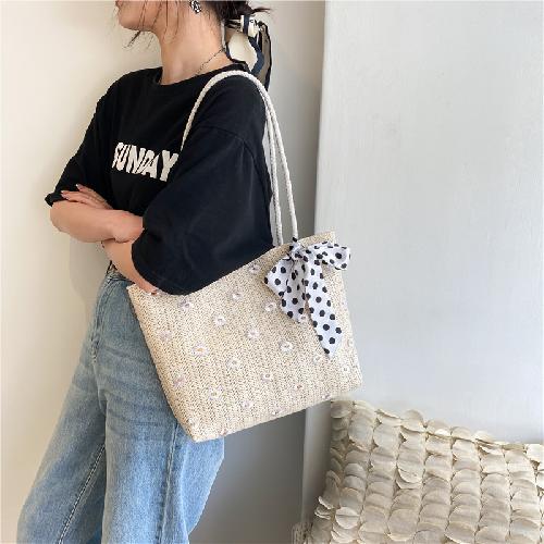 

New Straw Woven Tote Bag for Women, Scarf Decoration Large Capacity Beach Handbag, Minimalist Trendy Vacation Shoulder Purse