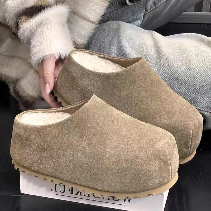 2025 Nowe Damskie Małe Zamknięte Pantofle ze Skóry Nubukowej Podwyższające Obcas Wsuwane do Noszenia na Zewnątrz