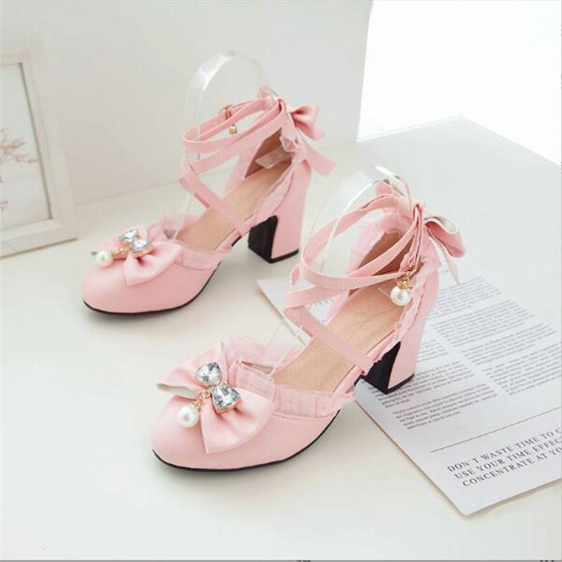 Girls High Heels 2026 Ladies Heels Sandals Sweet Bow Lace Princess Mary Jane Lolita Shoes Party High Heel Women Pumps Pink