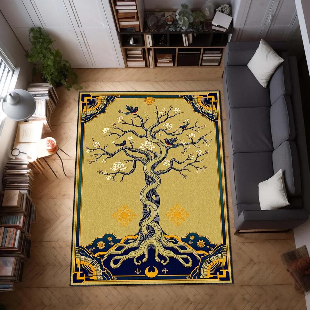 Tree of Life Rug Vintage Art Deco Area Carpet with Birds, Boho Nature Decor Carpet Spiritual Floor Rug, Sacred Symbol Floor Mat