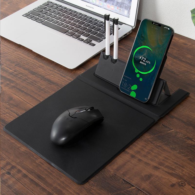 Foldable PU Leather Laptop Mouse Pad 15W Wireless Phone Charger with Pen Holder