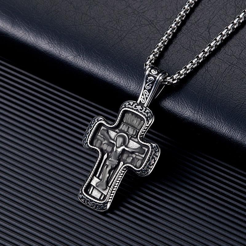Men's Titanium Steel Cross Pendant Necklace with Retro Inscription