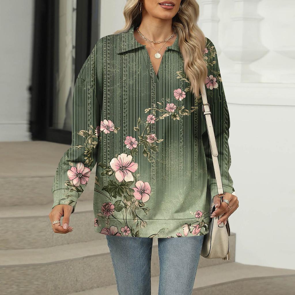 Women's Summer Fashion Casual  Printed V-Neck Long Sleeve Shirt Top