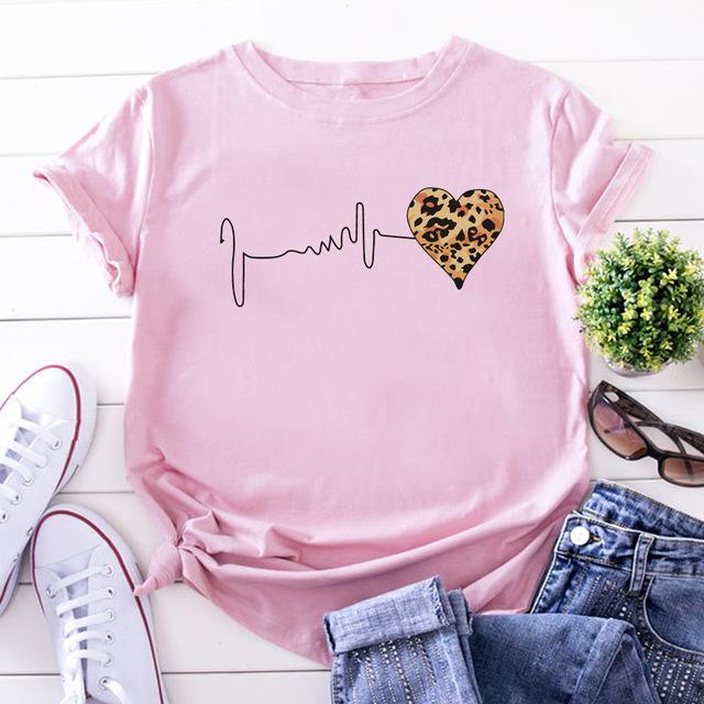 Letní Leopard Heartbeat Potisk s krátkým rukávem Oblečení Dámské tričko Harajuku Grafické Oblečení Dámské Top