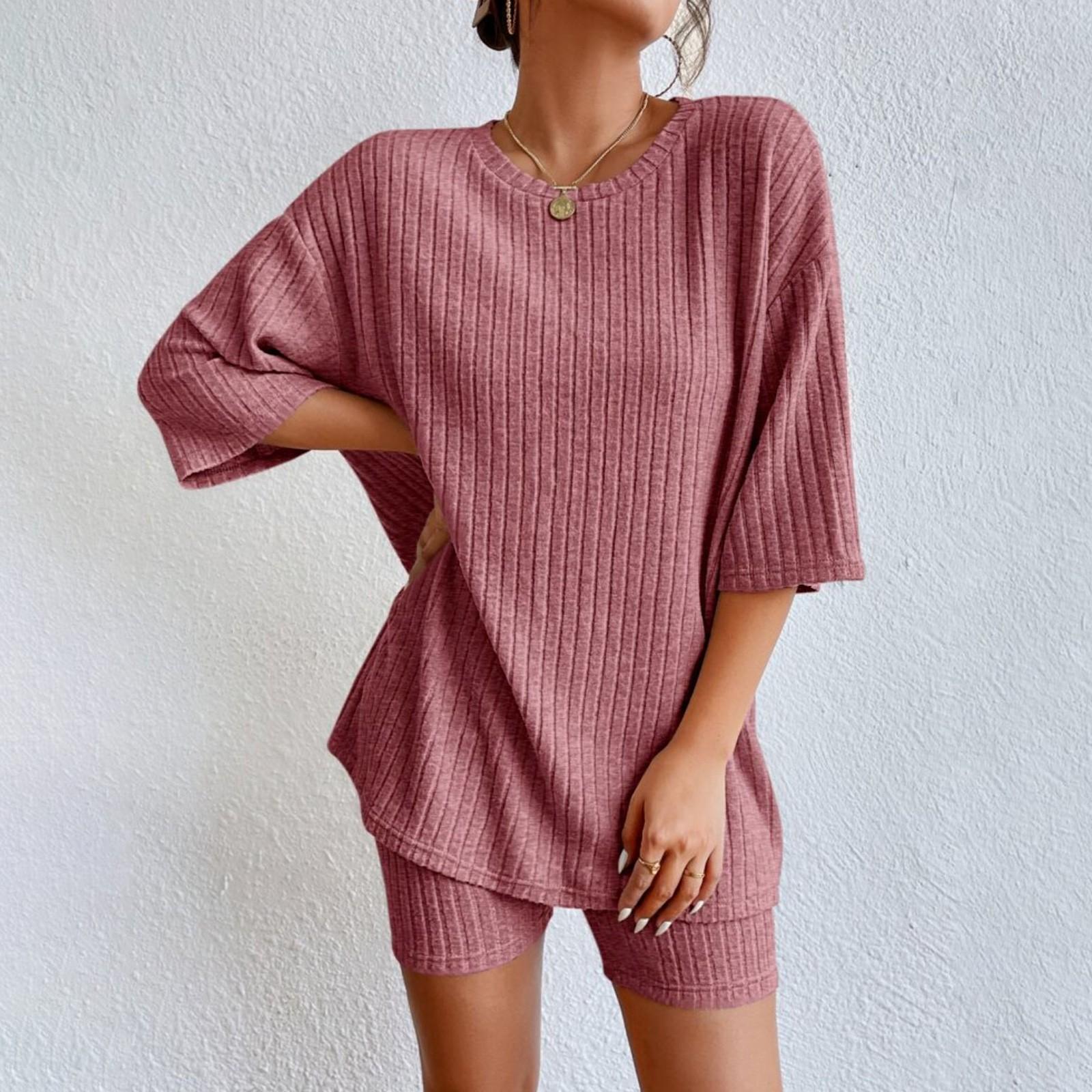 

Женский модный повседневный однотонный свободный круглый вырез с коротким рукавом шорты костюм M красный