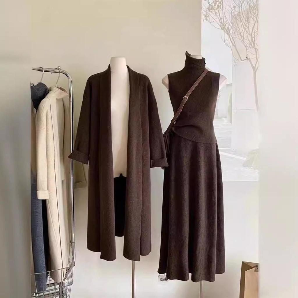 Women Three Piece Sets Long Sweater Vest Jumper Kintted Spring Autumn Winter Crochet Cardigan Y2k High Waist Skirt