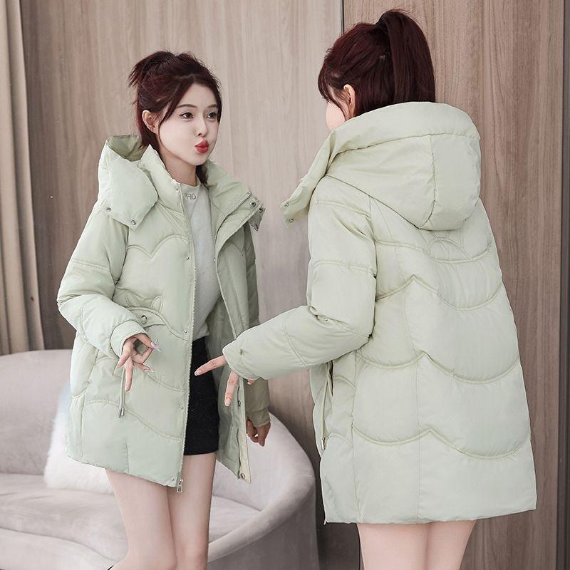 Women Winter Solid Color Mid Length Cotton Padded Coat Korean Loose Thick Warm Student Outerwear Jacket