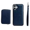 For iPhone 16 Case Detachable Zipper Card Bag PU+TPU Kickstand Phone Case with Strap