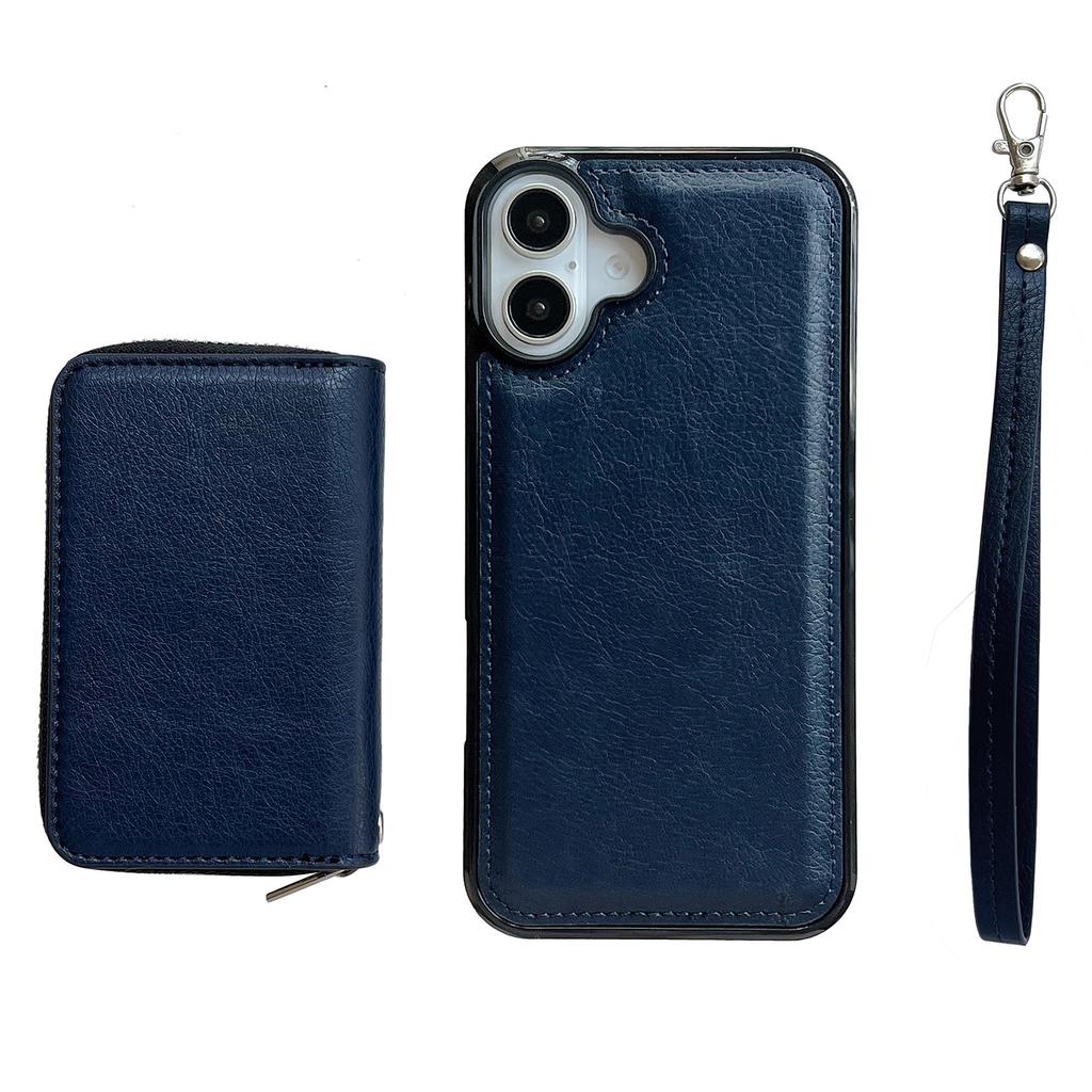 For iPhone 16 Case Detachable Zipper Card Bag PU+TPU Kickstand Phone Case with Strap