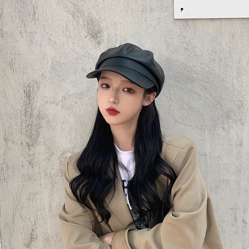 Black pu leather octagonal hat big head circumference beret autumn and winter painter hat female cap British hat leather hat
