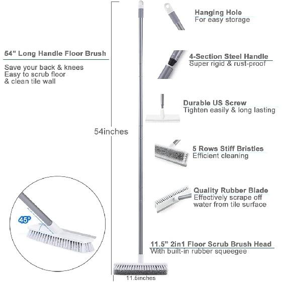 Floor Scrub Brush with Long Handle 54''- Stiff Bristle 2 In 1 Shower Scrubber with Squeegee Cleans Kitchen, Wall, Tile, Grout, Tub and Carpet, Brush