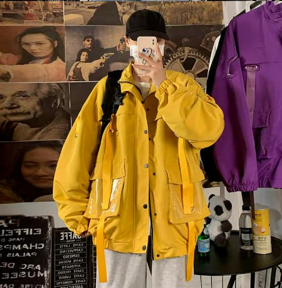 Men's Trendy Solid Color Workwear Jacket with Lapel and Large Pockets for Spring/Autumn.