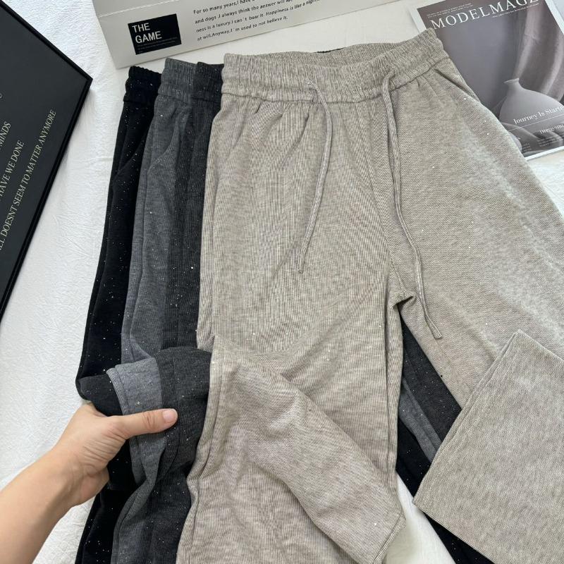 Autumn Winter Elastic High Waist Loose Casual Sequins Wide Leg Pants Women All-match Straight Sweatpants Trousers