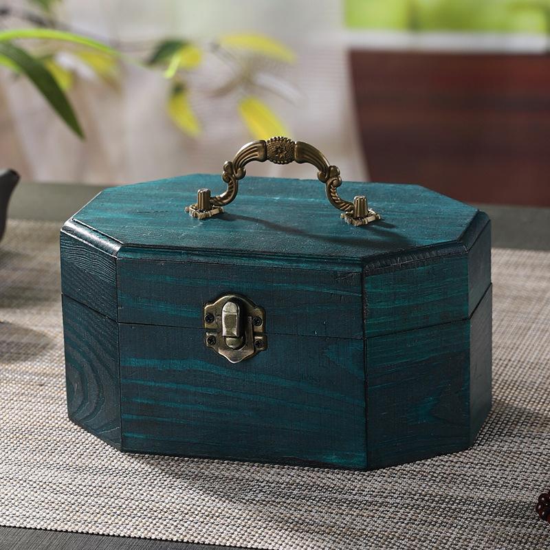 Vintage Wooden Jewelry Box Octagonal Design Storage Container with Lid and Handle Gift Box Snacks Dried Fruits for Home Decors