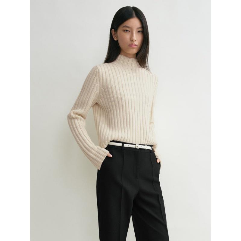 Longmei Women's Ribbed Wool Knit Sweater, Half-High Neck, Long Sleeve, 2026 Autumn/Winter Collection.