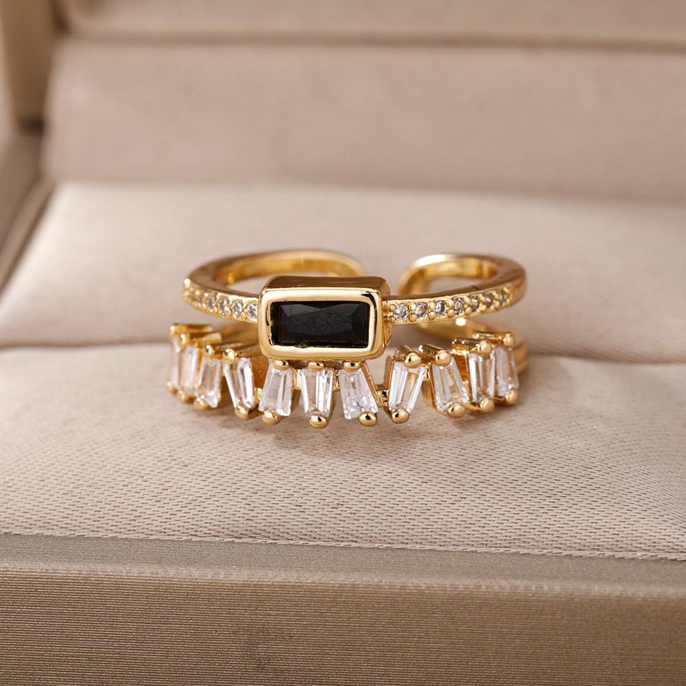 Classic Green Irregular Double Layer Zircon Rings For Women Stainless Steel Gold Plated Wedding Open Finger Ring