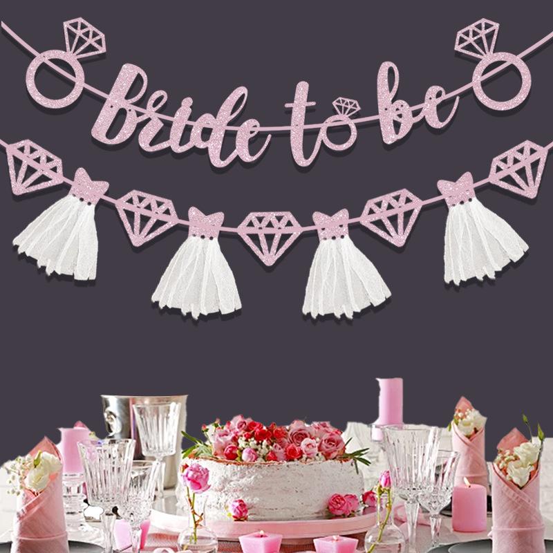 European & American Wedding Party Decor: 'Bride to Be' Tulle Skirt Glitter Banner with Diamond Ring Design