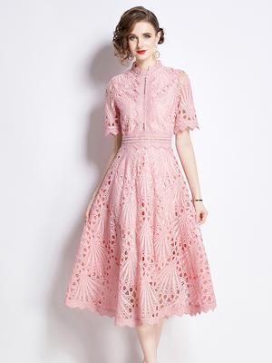 Vintage Hollow Out Lace Floral Embroidery Lace Dress For Women Summer Stand Collar Short Sleeve Slim Mid-length Dress Plus Size S-4XL