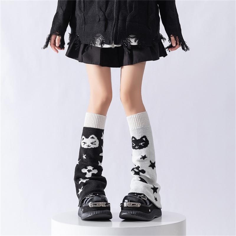 Reversible Knitted Long Tube Leg Warmers with Cute Cats Pattern for Women Punk Grunge Flared Boot Covers Footless Socks