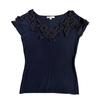 Used Philippe Carat Flower Motif Summer Knit French Sleeve Beaded Black S