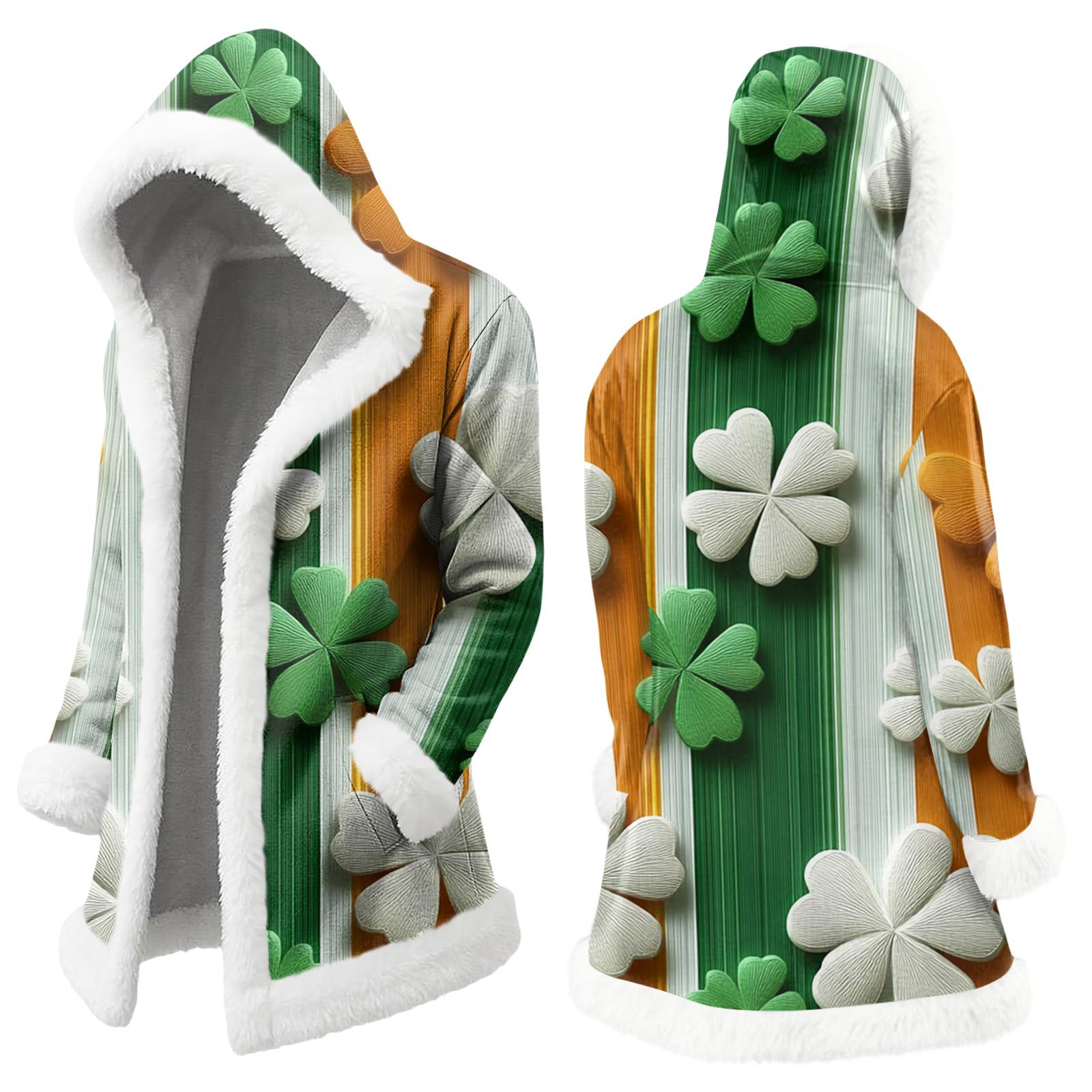 

Unisex Casual And Fashionable Plush Collar Hooded Long Sleeved St. Patrick s Print Jacket S жовтий