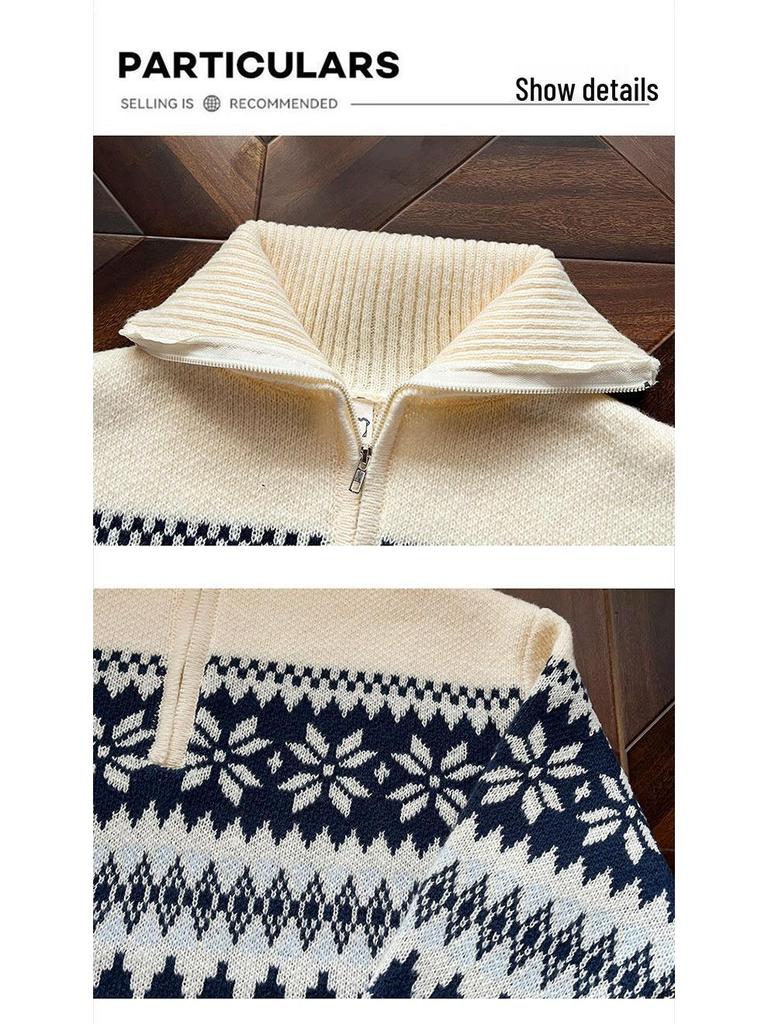 American Fair Isle Red Half-Zip Pullover Sweater for Men & Women - Trendy Autumn/Winter Knitwear Cardigan with High-End Feel