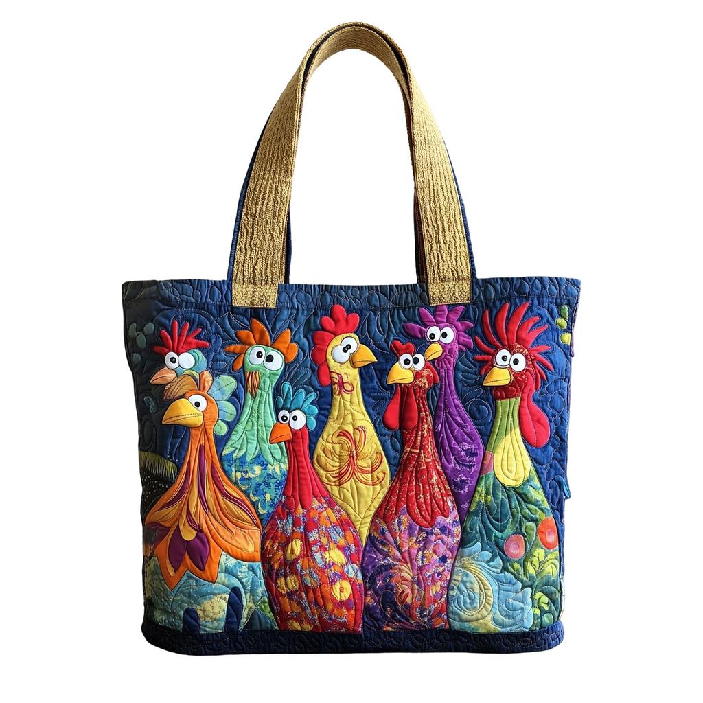 Quilted Tote Bag with Digital Print Chicken Design Durable Fabric Sturdy Handles Spacious Interior Lightweight Carrying Capacity