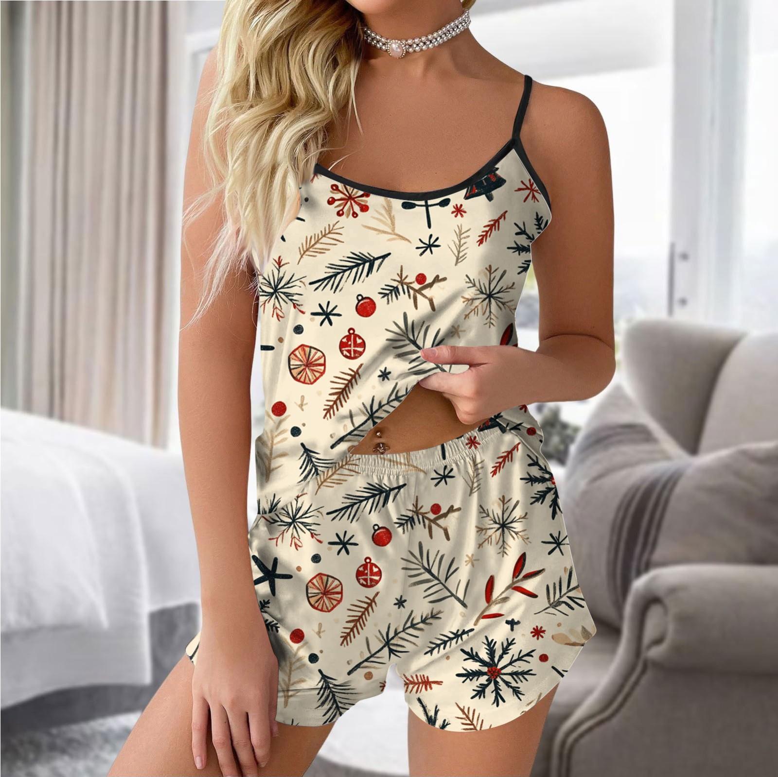 

Женский модный рождественский комплект с принтом без рукавов, топ, шорты и пижама XXL бежевый