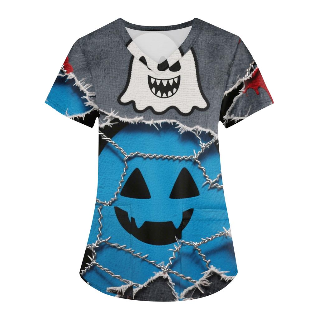 Women's Printing Uniform Work Uniform V-neck Pockets Basic Short Sleeve Pullover Top