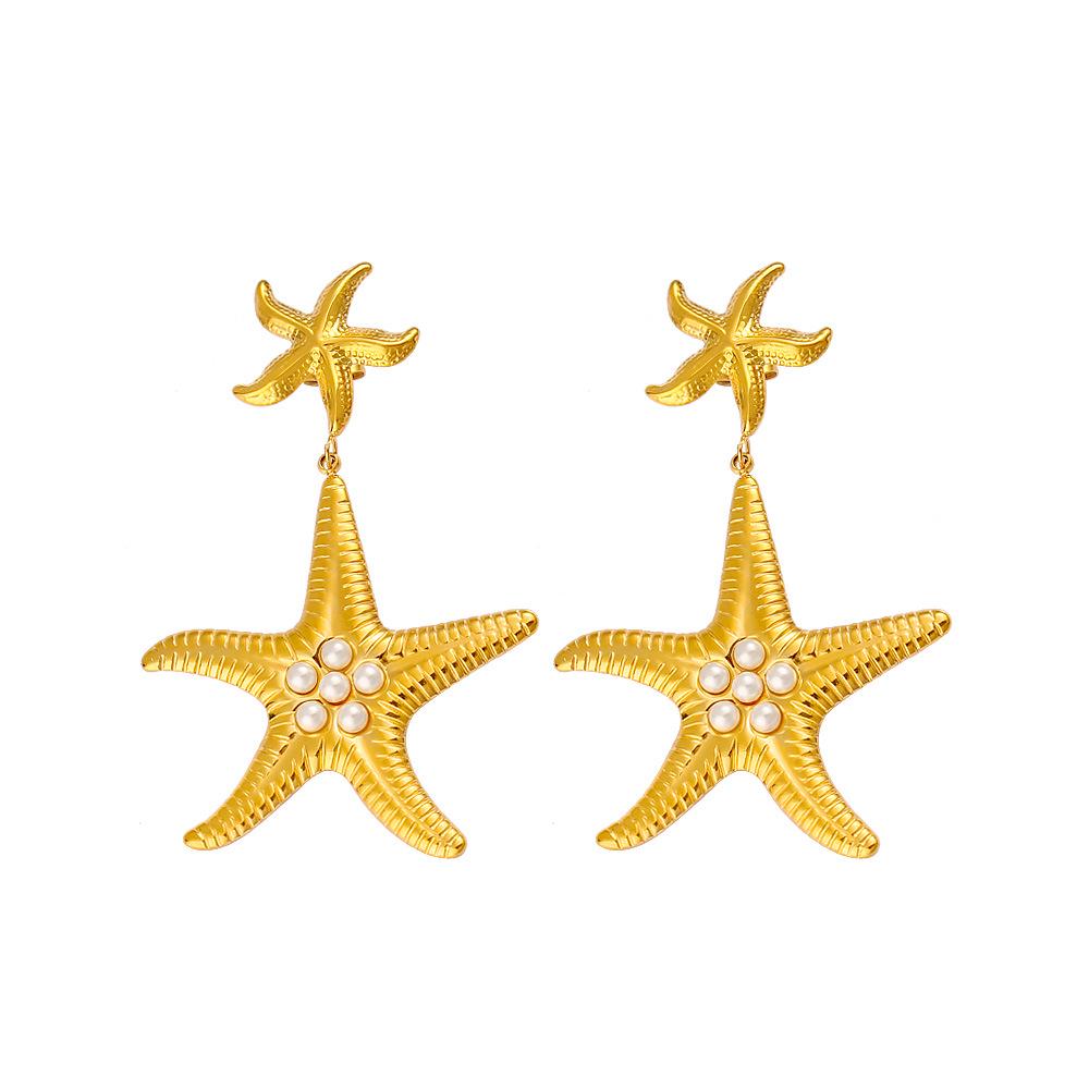 18K Gold Ocean Style Starfish Pendant Earrings - Trendy Stainless Steel European  American Fashion