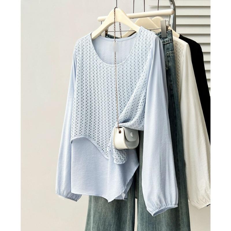 Plus Size Irregular Hollow Out Spliced Fake Two Piece Long Sleeve T Shirt Top For Women