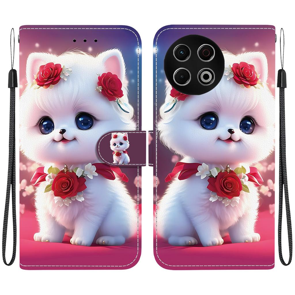 Handmade PU Leather Flip Case for Tecno Spark 30 / Spark 30 Pro Anti-Slip Shockproof Cover with Wrist Strap & Heart/Rose Cat Designs